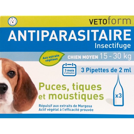 Vetoform Antiparasitaire Naturel - Pipettes pour Chiens Moyens (de 15 à 30 kg)