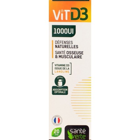 Santé Verte Vitamine D3 1000UI 20 ml Spray - Pour les Défenses Naturelles