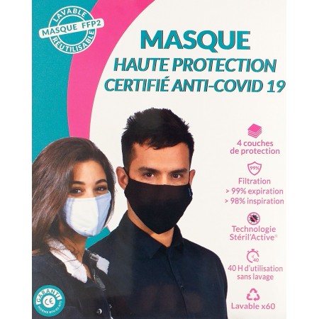 Masque Haute Protection Taille L Noir - 40H d'Utilisation Lavable 60 Fois