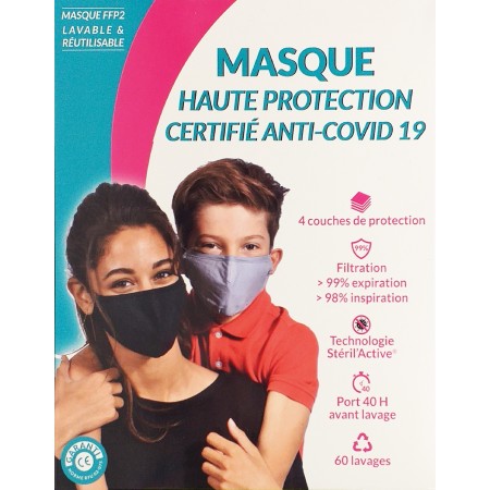 Masque Enfant Haute Protection Certifié Anti-Covid 19 Taille S Noir - 40H d'Utilisation Lavable 60 Fois