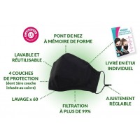 Masque Enfant Haute Protection Certifié Anti-Covid 19 Taille S Noir - 40H d'Utilisation Lavable 60 Fois